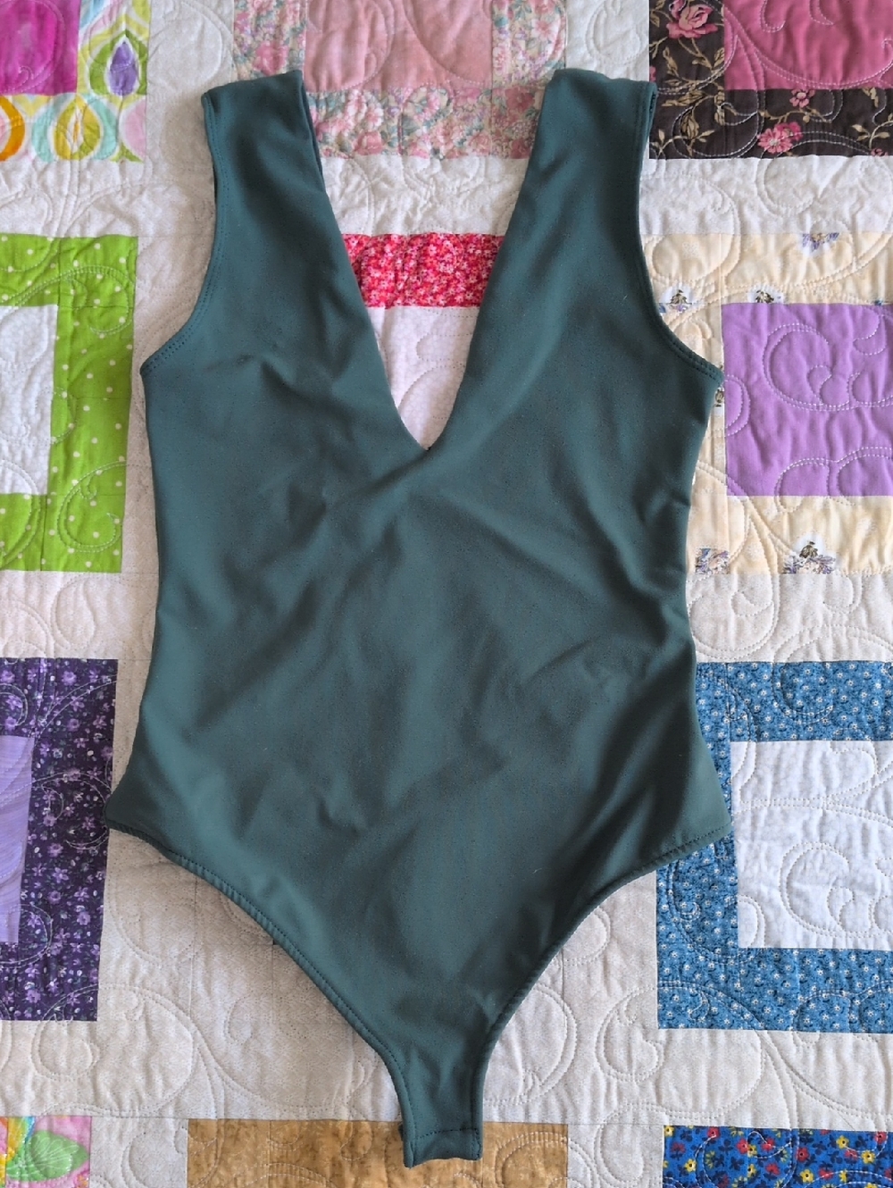 Deep V Dark Green Women's Thong Balletcore Bodysuit